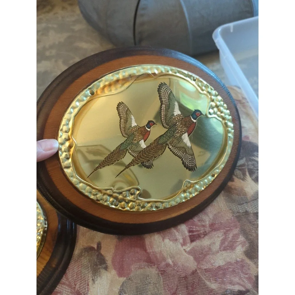 2 MCM Vintage Pheasant Brass Wall Hangers Plaques Decor Hunting Birds